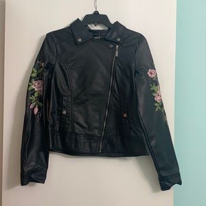 JOUJOU black faux leather jacket with rose detailing